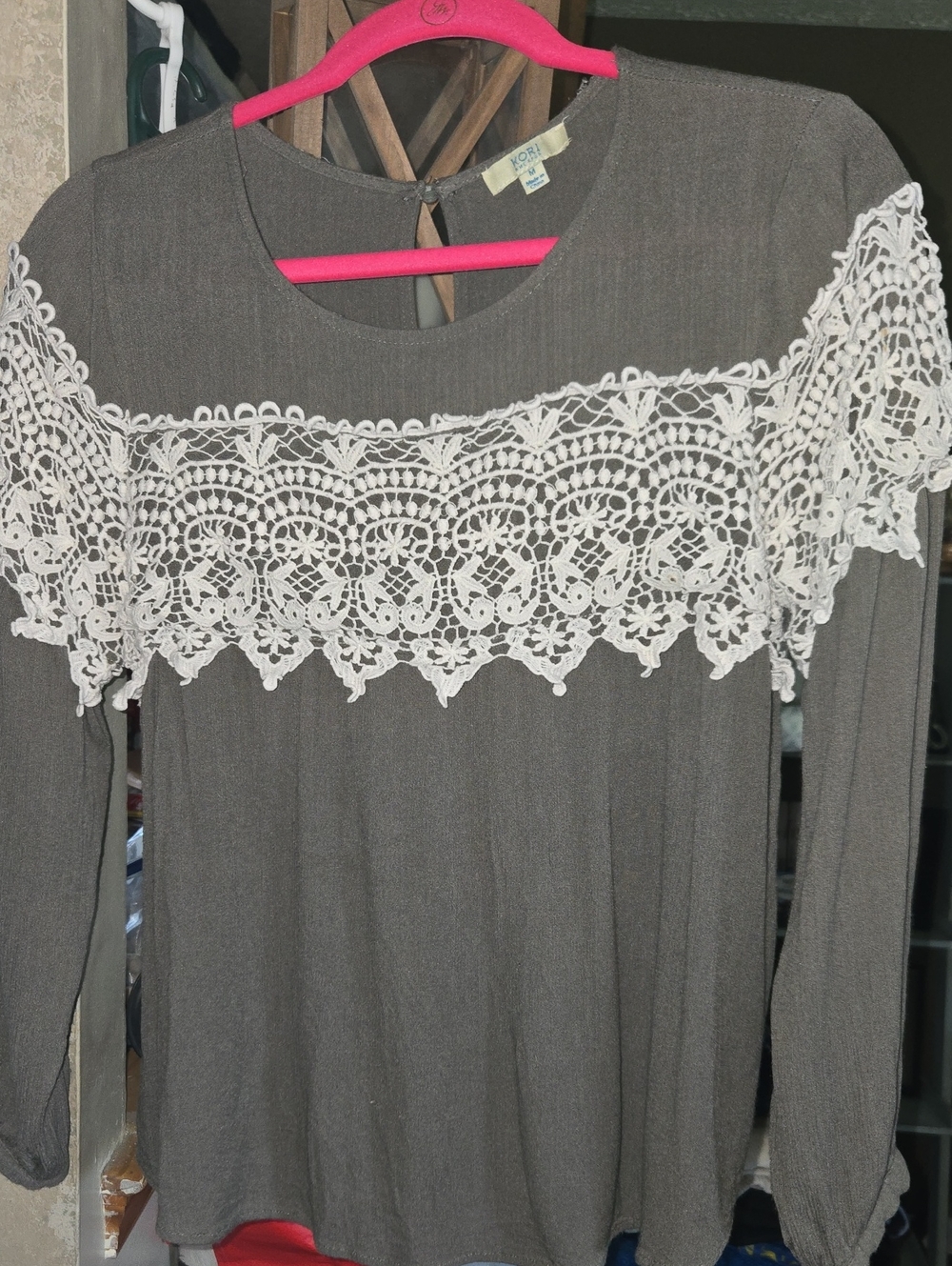 Kori Gray Top with White Crochet Yoke
